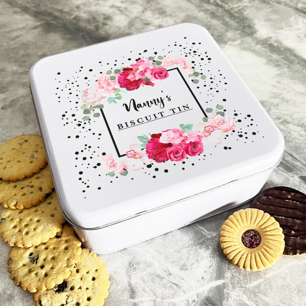 Personalised Square Black Dots Pink Roses Nanny's Cake Treat Sweets Biscuit Tin