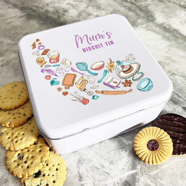 Personalised Square Cartoon Baking Icons Mums Cake Treat Sweets Biscuit Tin