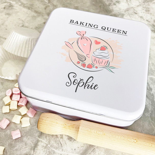 Personalised Square Piping Bag Baking Queen Peach Biscuit Treats Cake Tin