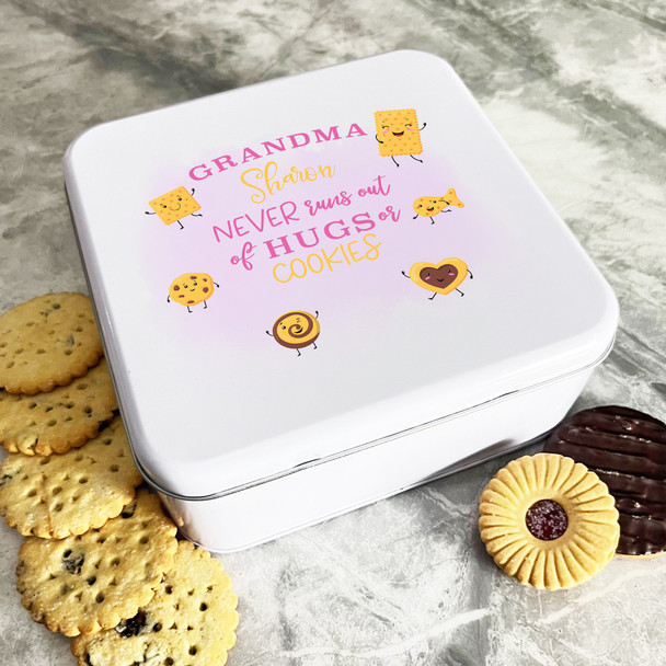 Personalised Square Grandma Hugs Cookies Pink Cute Cake Treat Sweets Biscuit Tin