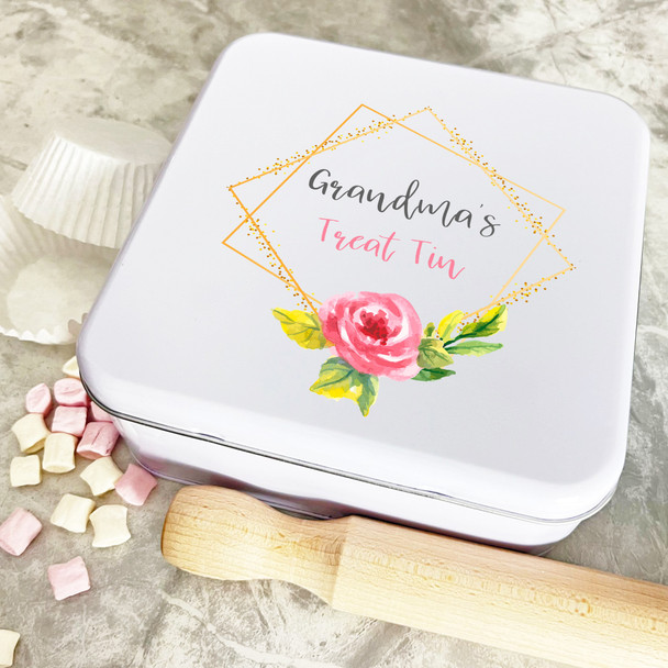 Personalised Square Grandma's Treat Gold Pink Biscuit Cake Tin