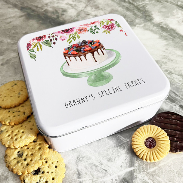 Personalised Square Grannys Special Treats Floral Biscuit Sweets Cake Treat Tin