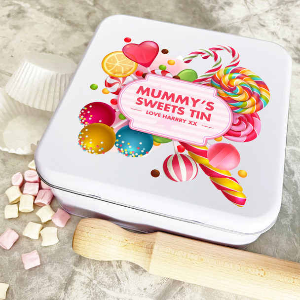 Personalised Square Lollipops Mummy's Sweeties Treat Only For Mum Cake Tin