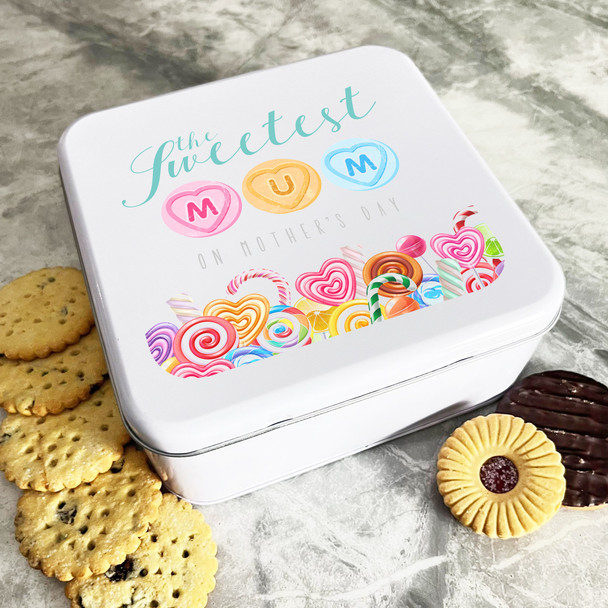 Personalised Square Sweetest Mum Mother's Day Biscuit Sweets Cake Treat Tin