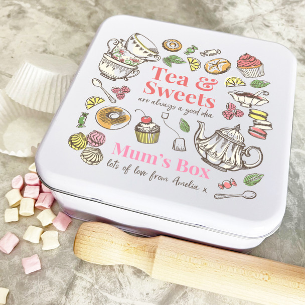 Personalised Square Mum Tea Sweets And Biscuits Biscuit Baking Sweets Cake Tin