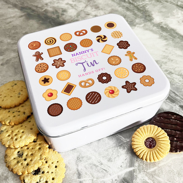 Personalised Square Assorted Nanny's Biscuit Hands Off Cake Tin