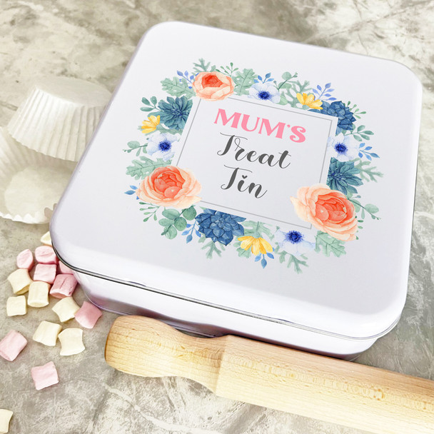 Personalised Square Mum's Treat Blue Flowers Floral Wreath Biscuit Cake Tin