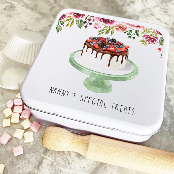 Personalised Square Nanny's Special Treat Teal Pink Purple Floral Cake Tin