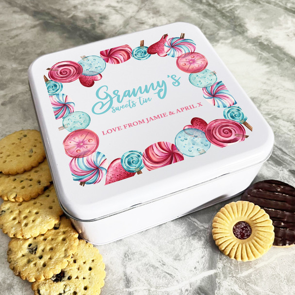 Personalised Square Lollipops Grannys Sweeties Biscuit Sweets Cake Treat Tin