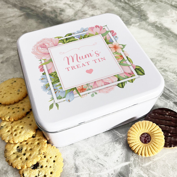 Personalised Square Peonies Flowers Mums Biscuit Sweets Cake Treat Tin