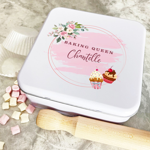 Personalised Square Pink Floral Splash Baking Queen Biscuit Treats Cake Tin
