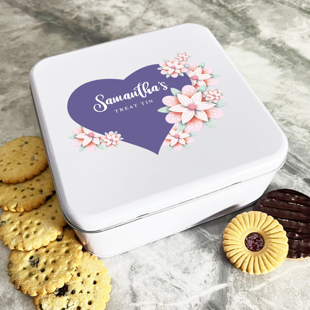 Personalised Square Pink Floral Purple Heart Biscuit Sweets Cake Treat Tin