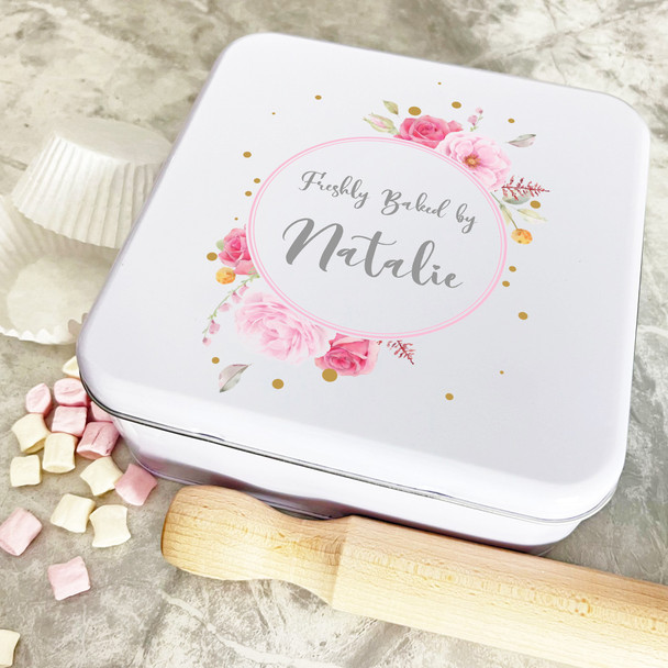 Personalised Square Roses Freshly Baked By Biscuit Baking Sweets Cake Tin