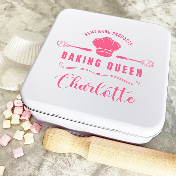 Personalised Square Baking Queen Chefs Hat Whisk Biscuit Baking Sweets Cake Tin