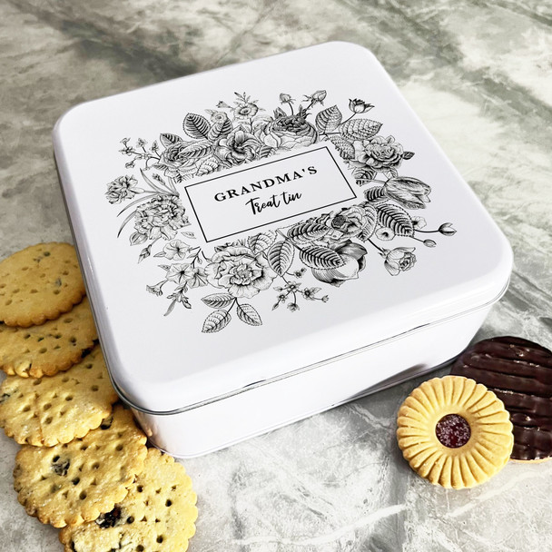 Personalised Square Vintage Flowers Grandmas Biscuit Sweets Cake Treat Tin