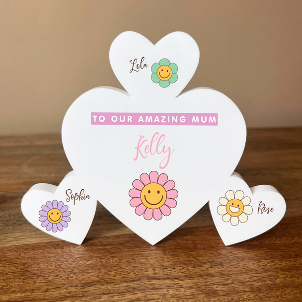 Mum Daisy Flowers Family Hearts 1 Big 3 Small Personalised Gift Acrylic Ornament