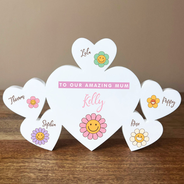 Mum Daisy Flowers Family Hearts 1 Big 5 Small Personalised Gift Acrylic Ornament