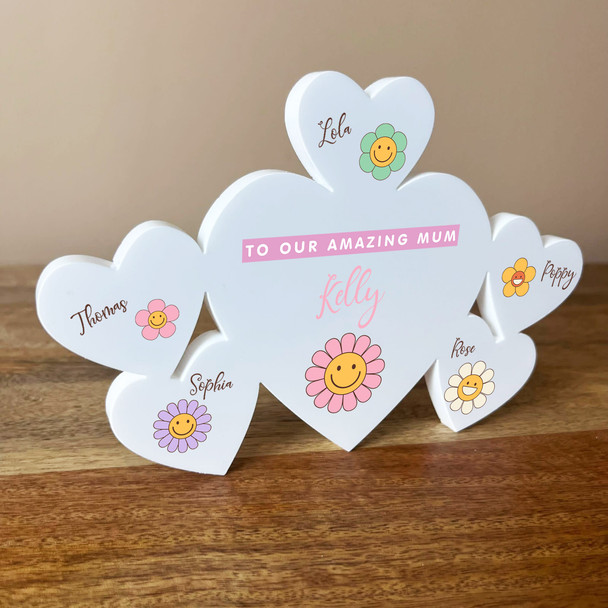 Mum Daisy Flowers Family Hearts 1 Big 5 Small Personalised Gift Acrylic Ornament