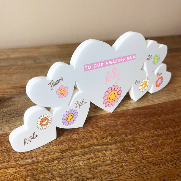 Mum Daisy Flowers Family Hearts 1 Big 6 Small Personalised Gift Acrylic Ornament