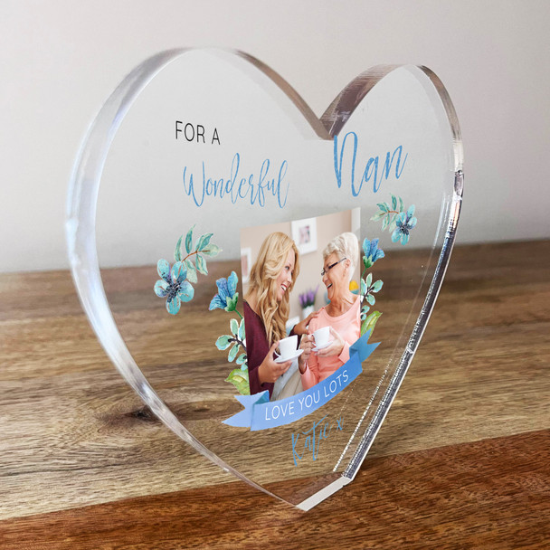 Wonderful Nan Blue Floral Photo Clear Heart Shaped Personalised Acrylic Gift