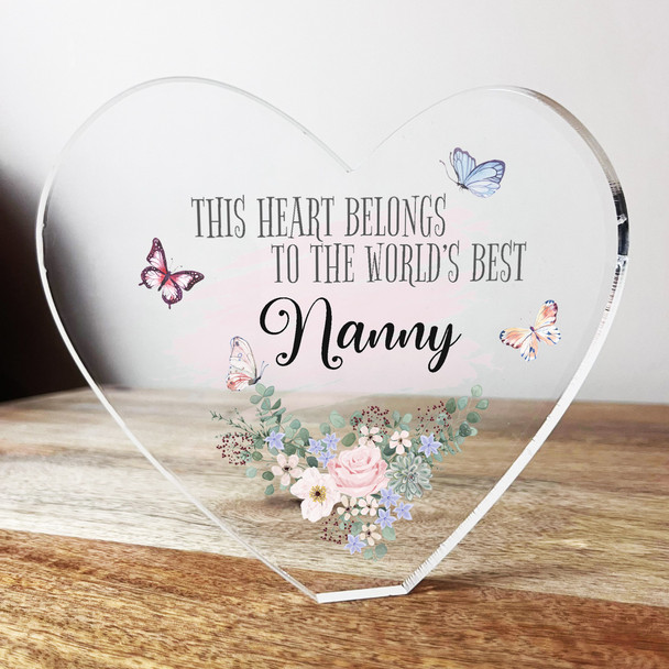 Flowers With Butterflies Nanny Clear Heart Shaped Personalised Acrylic Gift