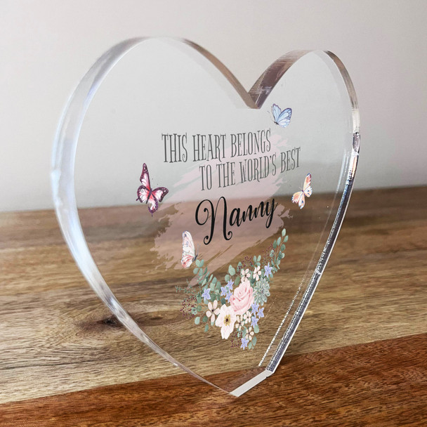 Flowers With Butterflies Nanny Clear Heart Shaped Personalised Acrylic Gift
