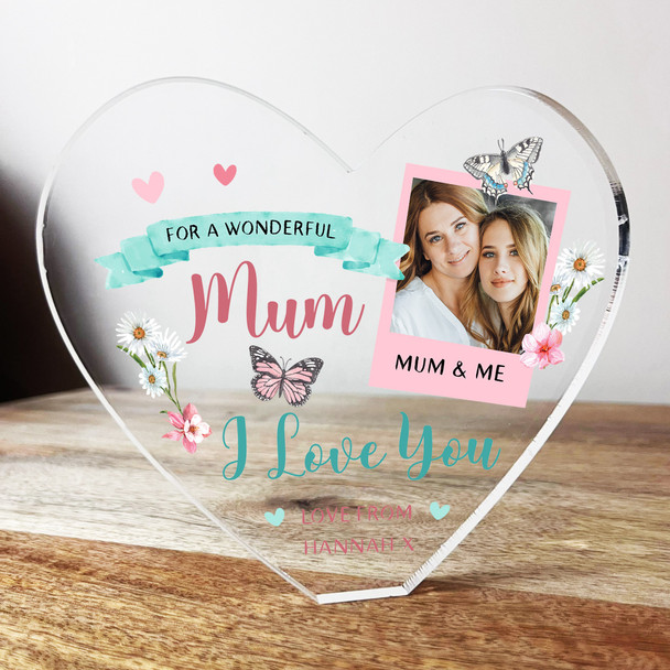 Wonderful Mum I Love You Photo Clear Heart Shaped Personalised Acrylic Gift