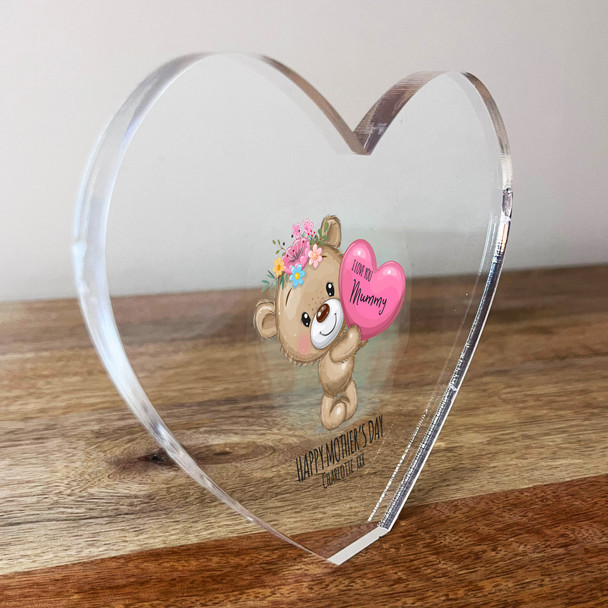 Cute Teddy Bear Girl Clear Heart Shaped Personalised Gift Acrylic Block Ornament