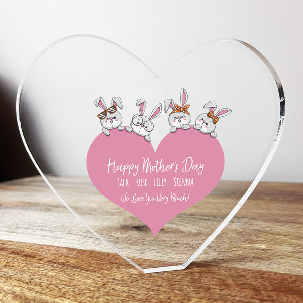 Cute Bunnies Happy Mother's Day Clear Heart Shaped Personalised Acrylic Gift