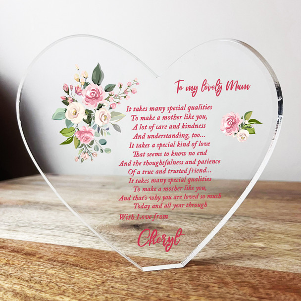 Mum Poem Rose Flowers Clear Heart Shaped Personalised Gift Acrylic Ornament