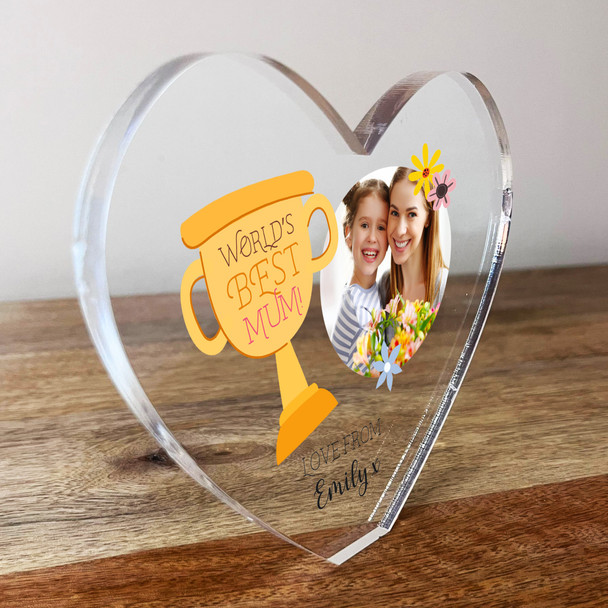 World's Best Mum Trophy Photo Clear Heart Shaped Personalised Acrylic Gift