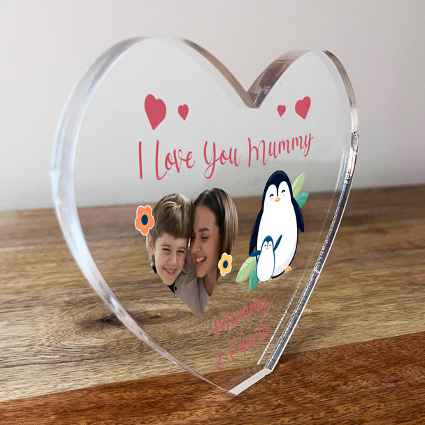 Love You Mummy Penguin Photo Clear Heart Shaped Personalised Acrylic Gift