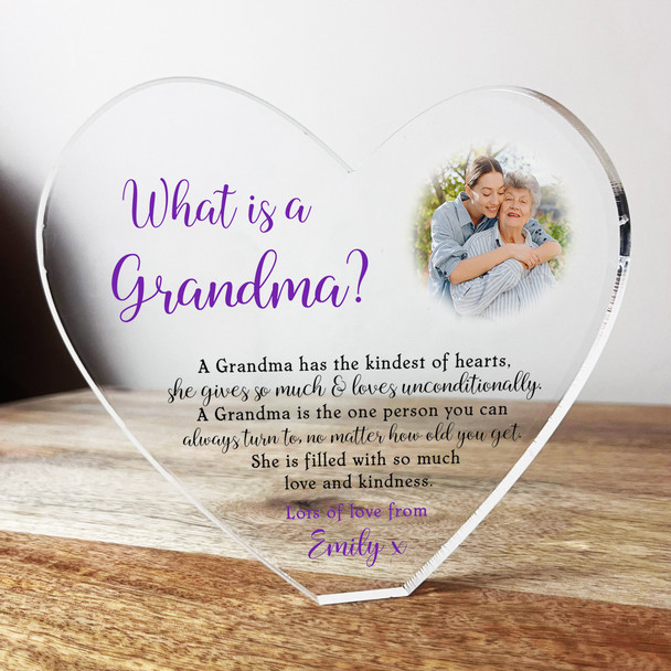 What Is A Grandma Photo Clear Heart Shaped Personalised Acrylic Gift