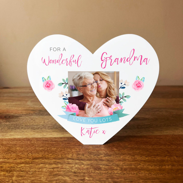Wonderful Grandma Floral Photo Heart Shaped Personalised Gift Acrylic Ornament