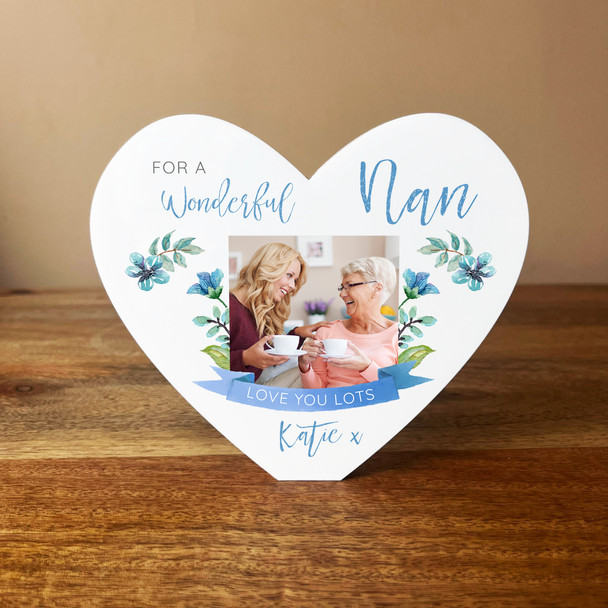 Wonderful Nan Blue Floral Photo Banner Heart Shaped Personalised Acrylic Gift