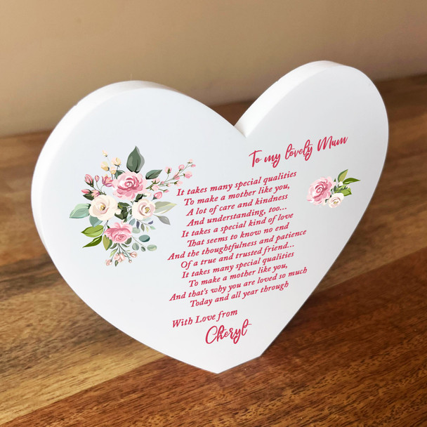 Mum Poem Rose Flowers Heart Shaped Personalised Gift Acrylic Block Ornament