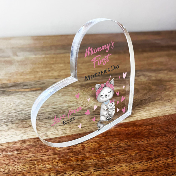Cat Mum Cuddle 1st Mother's Day Clear Tilted Heart Personalised Acrylic Gift