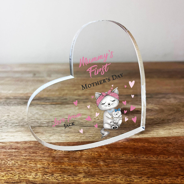 Cat Mum Boy Cuddle 1st Mother's Day Clear Tilted Heart Personalised Acrylic Gift