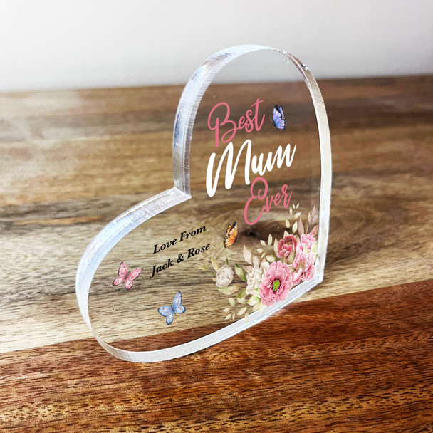 Floral With Butterflies Best Mum Clear Tilted Heart Personalised Acrylic Gift