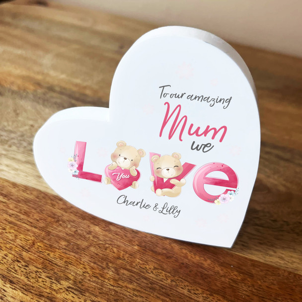 Amazing Mum Cute Bear Tilted Heart Personalised Gift Acrylic Block Ornament