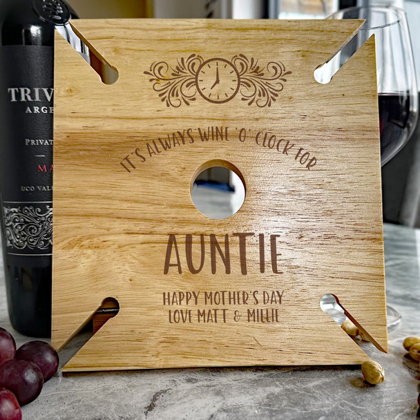 Wine O Clock Auntie Mother's Day Personalised Gift 4 Wine Glass & Bottle Holder