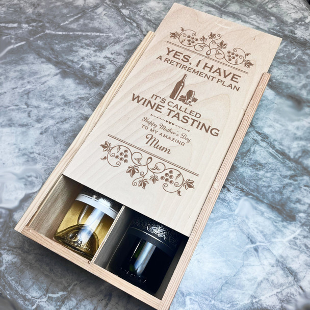 Amazing Mum Retirement Plan Personalised Gift Rope Wooden Double Wine Bottle Box