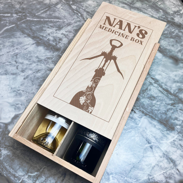 Nan's Medicine Box Wine Opener Personalised Rope Wooden Double Wine Bottle Box