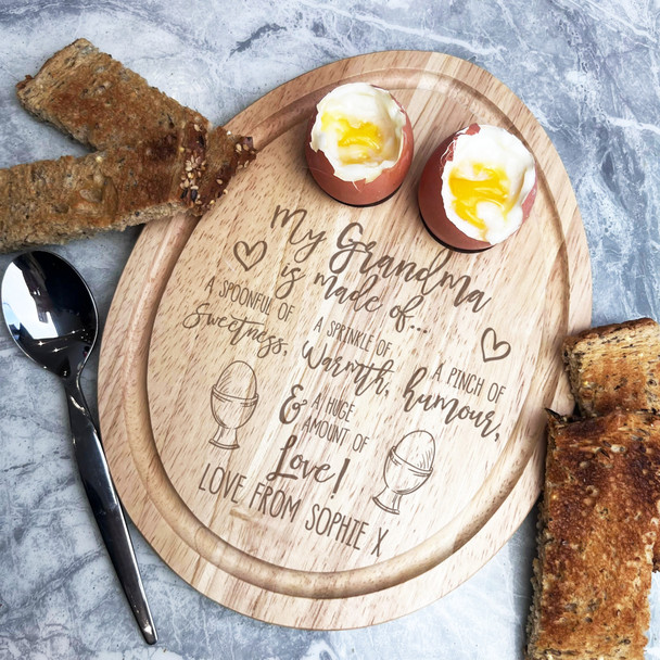 My Grandma Is Made Of Personalised Toast Soldiers Egg Shaped Breakfast Board