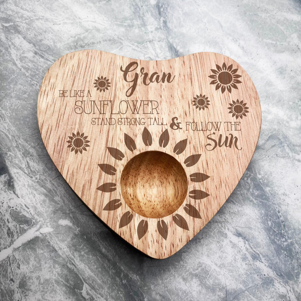 Sunflowers Gran Personalised Gift Heart Shaped Breakfast Egg Holder Board