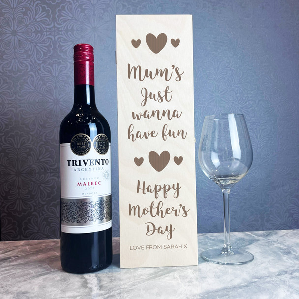 Mum's Fun Happy Mother's Day Personalised Gift Hinged Single Wine Bottle Box