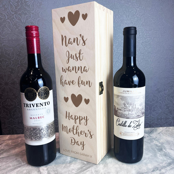 Nan's Fun Happy Mother's Day Personalised Gift Hinged Single Wine Bottle Box