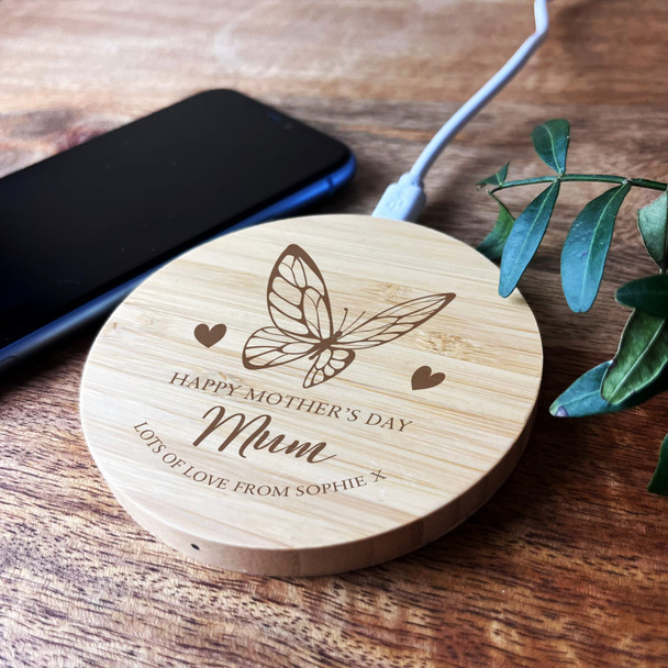 Mum Mother's Day Butterfly Personalised Gift Round Wireless Pad Phone Charger