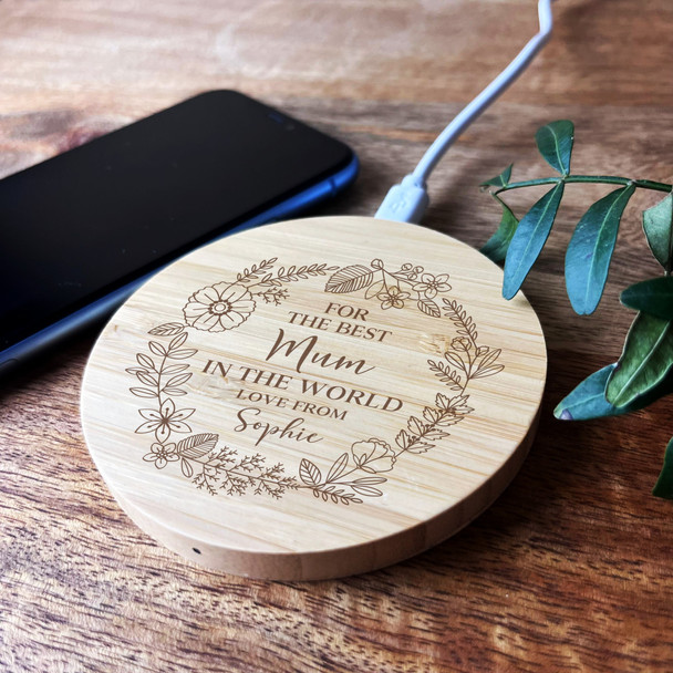 Best Mum In The World Personalised Gift Round Wireless Desk Pad Phone Charger