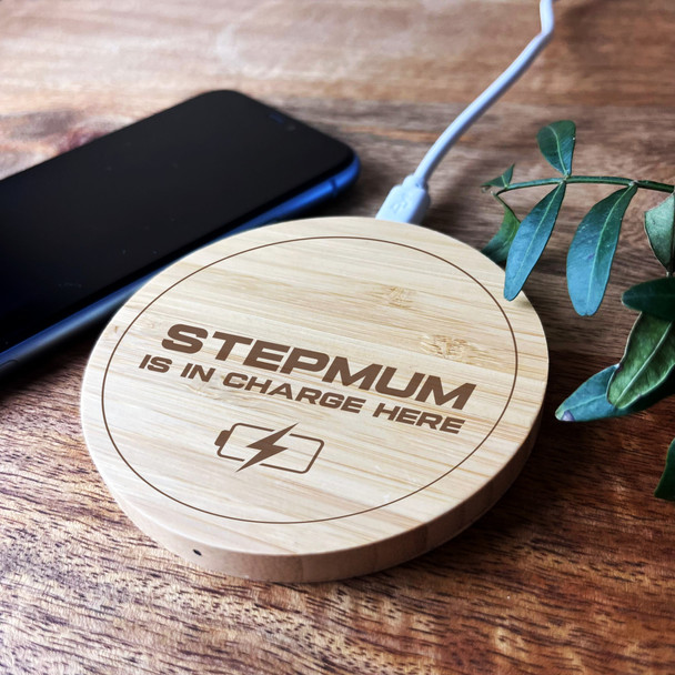 Stepmum In Charge Personalised Gift Round Wireless Desk Pad Phone Charger
